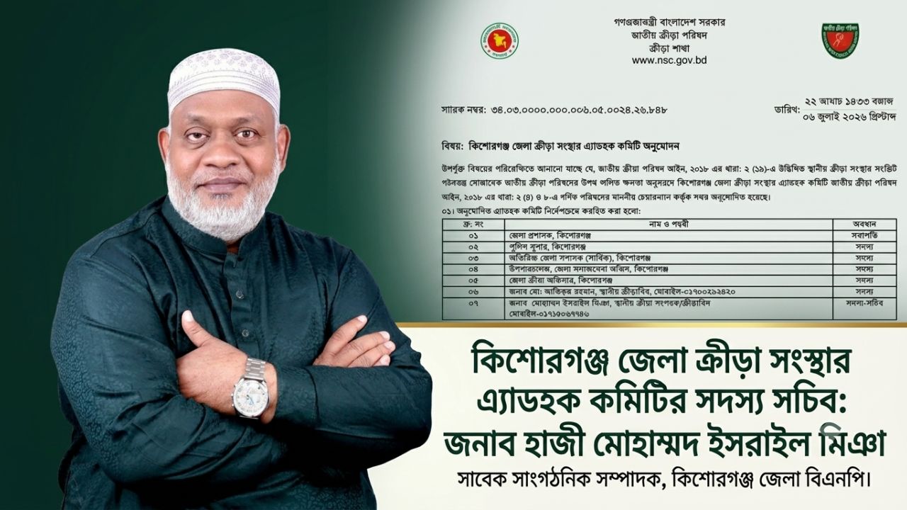 কিশোরগঞ্জ জেলা ক্রীড়া সংস্থার এডহক কমিটি অনুমোদন, সদস্য সচিব ইসরাইল মিয়া
